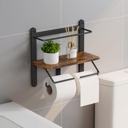Homeiju Double Toilet Paper Holder with Shelf, Wooden Wall-Mounted Toilet Paper Roll Holder, Wall-Mounted Bathroom Organizer, Double Roll, Suitable for Bathrooms (Rustic Brown) - color: Rustic Brown