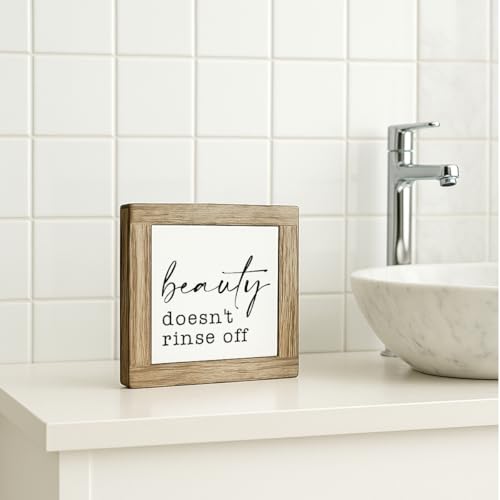 Funny Bathroom Sign Shelf Decor, Beauty Doesn't Rinse Off Wood Block Sign, for Bathroom Shelf Restroom and Toilet Shelves Decor, Rustic Wooden Table Top Signs 5.9×5.9 inch - color: color35