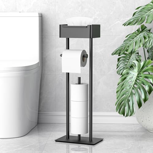 Toilet Paper Holder Free Standing - Toilet Paper Stand with Shelf - Storage for 4 Rolls- Bathroom Organizers, No Drill, for Large Toilet Rolls, 29.7 inch*12.6 inch (Matte Black) - color: Black