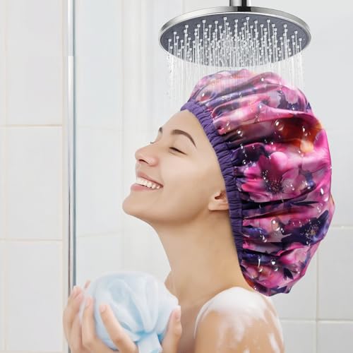 Upgraded Waterproof Terry Shower Caps, Reusable Shower Cap for Women with Long Hair, Soft Absorbent Hair-Protecting Towel Lining Bath Cap, Large Leak-Proof Hair Cap with Fashionable Print Outer-Purple - color: Purple