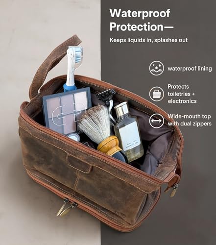 RUSTIC TOWN Leather Toiletry Bag for Men - Travel Gift Shaving Ditty Kit - Bathroom Shower Toiletries Organizer - Cosmetic Makeup Bag for Women - color: Brown