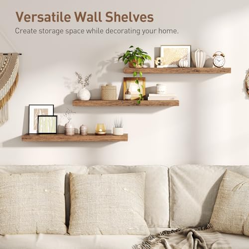 RALGEND Floating Shelves for Wall, 1.5" Thick Wall Shelf Set of 3 with Invisible Brackets, L31.5 x W7.9 Hanging Shelves Farmhouse Home Decor for Bathroom, Living Room, Bedroom, Rustic Brown 8301BJP3BF - color: Rustic Brown, size: 31.5 Inches