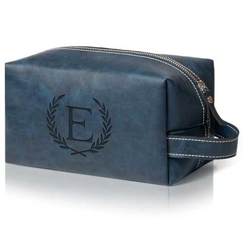 Personalized Gifts Travel Toiletry Bag for Men Engraved Initial PU Leather Waterproof Shaving Bag for Toiletries Accessories Fathers Day Birthday Gift for Men Dad Husband Son, Dark Blue E - color: Dark Blue, style: E