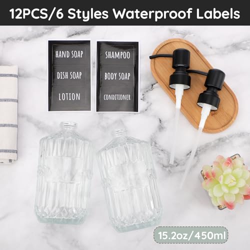 Segbeauty 15.2oz Glass Soap Dispenser Refillable, 2pcs Empty Bathroom Hand Soap Dispenser with Stainless Steel Pump, 450ml Clear Lotion Pump Bottle with Labels, Vintage Shampoo and Conditioner Bottle - color: Clear, size: 15.2oz/450ml