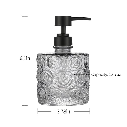 Marcella Glass Soap Dispenser with Soap Pump, Refillable 14 Ounce Capacity, Floral Design Rose Patterns, Heavy Weight Thick Glass for Bathroom, Premium Kitchen Soap Dispenser Gray - color: Gray