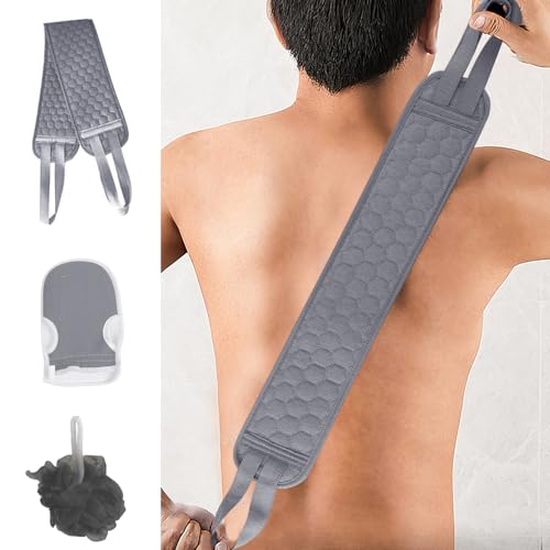 3 Pcs Exfoliating Bath Set with Back Scrubber Strap Shower Glove and Loofah Sponge for Deep Body Cleaning and Full Body Exfoliation(Grey) - color: Grey