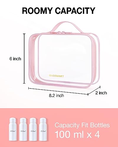 BAGSMART Clear Toiletry Bag, TSA Approved Travel Toiletry Bag Carry On Travel Accessories Bag Airport Airline Quart Size Bags water-resistant Makeup Bag for Women - color: Pink-with handle+180° open, size: 2 Pack, Medium