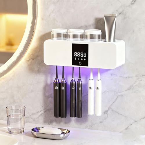 Toothbrush Cleaner Holder, Wall Mounted Tooth Brushing Holder with 3 Cups,No-Drill Installation for Family Home Bathroom Organizer - color: White