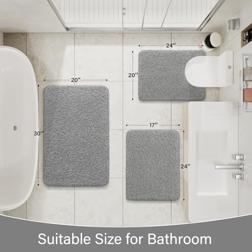 LOCHAS Bathroom Rugs Sets 3 Piece, Microfiber Bath Rug Set Non Slip Washable, Shaggy Toilet Rug Set Absorbent, Soft Cozy Bath Mat Set Quick Dry, Grey - color: Grey, size: 30" x 20" + 24" x 17" + U Shape 24" x 20"