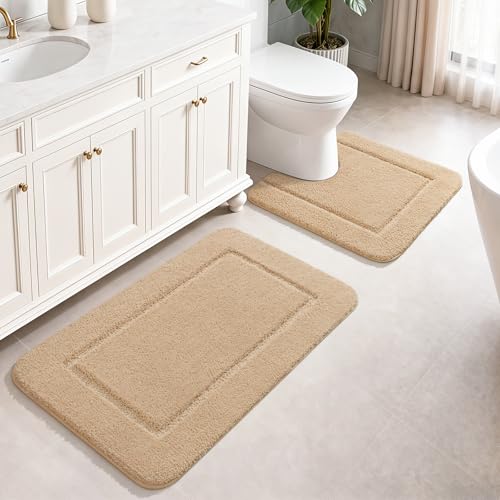 LOCHAS Bathroom Rug Set Beige, Soft Bath Rug Set 2 Piece, Toilet Mat U-Shaped 24x24 and 34x21 Bath Rugs, Quickly Dry Mats for Bathroom, Tub, Washable, Super Absorbent Floor Mat - color: Beige, size: 34" x 21" Plus 24" x 24" (U-Shape)