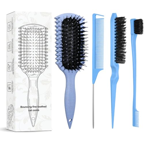 Curl Defining Brush with 3 Pcs Slick Back Hair Set Bristle Edge Control Teasing Comb, For Combing and Shaping in All Hairstyles to Reduce Pulling (Blue) - color: Blue