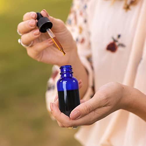 48 Pack 1oz Cobalt Blue Glass Bottles with Glass Eye Droppers for Essential Oils, Perfumes & Lab Chemicals (Brush, Funnels, 2 Extra Droppers, 54 Pieces Labels & 30ml Measuring Cup Included) - color: Cobalt Blue-48pack