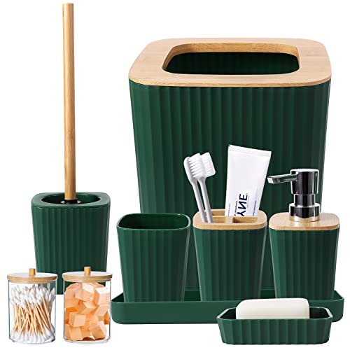 XLHOMO Dark Green Bathroom Accessories Set, 9-Piece Green Bathroom Set with Trash Can, Tray, Soap Dispenser, Toothbrush Holder, Toothbrush Cup, Soap Dish, Toilet Brush and Q-tip Holders - color: Hollow Dark Green, size: Hollow Cover Bathroom Set