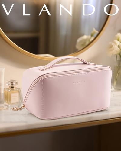 VLANDO Makeup Bag,Travel Toiletry Bag,Cosmetic Bag for Women PU Leather Portable Make up Bag for Skincare, Brushes & Travel Essentials-Pink - color: 04.Pink