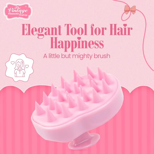 Vintage Cosmetic Company Shampoo Brush Silicone Scalp Massager Pink | Silicone Scalp Massager for Gentle Exfoliation and Even Shampoo Distribution. Stimulates Scalp. Vintage Pink Design.