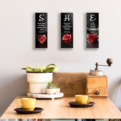 3 Pieces Red Bedroom Decor Red Rose Women Bedroom Wooden Red Bathroom Inspirational Office Decor With SHE Religious Words Signs For Women Kitchen Home(Red Rose 12x4Inch) - color: Red