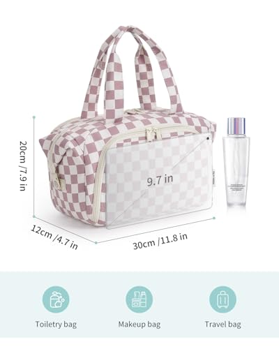 Narwey Travel Toiletry Bag for Women, Large Makeup Bag, Wide Open Cosmetic Make Up Organizer with Handle, Wet Pocket for Towel, Travel Bag for Toiletries, Brushes, Essentials (Dusty Pink Checker) - color: Dusty Pink Checkerboard