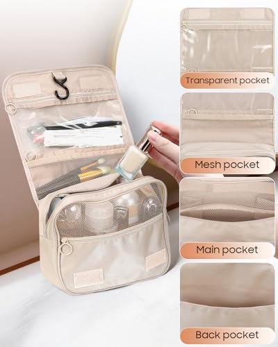 FINPAC Toiletry Bag, Large Capacity Hanging Makeup Bag with Waterproof PVC Compartment, Travel Cosmetic Organizer for Women, Makeup Lovers, Cruise, Gym, and Family Trips, Beige - color: Beige