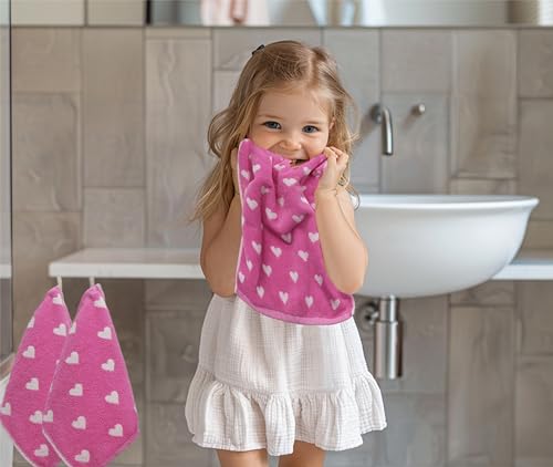 ORIGINAL KIDS Wash Cloth - Bath Time Hearts 12 Pack Washcloth Set - 100% Cotton Jacquard Colorful Absorbent Quick Dry Face Towel - Super Soft Face Cloth 12x12 inches - Pink White - color: Pink Hearts, size: 12 Pack Washcloth