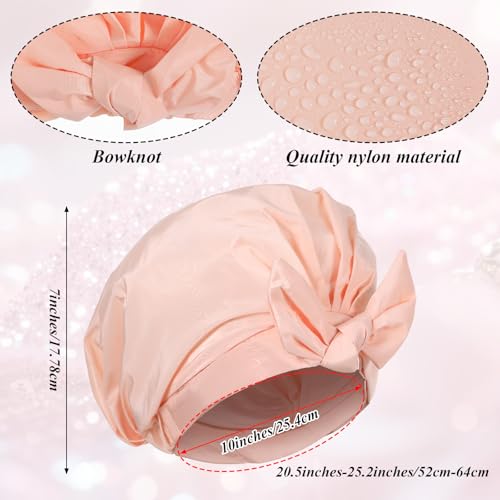 4 Pcs Shower Cap for Women Reusable Waterproof, Adjustable Bowknot Satin Nylon Bath Hair Caps, Elastic Hem Turban for Long Short Curly Hair, Banana Tree Solid Pink Black Stripe
