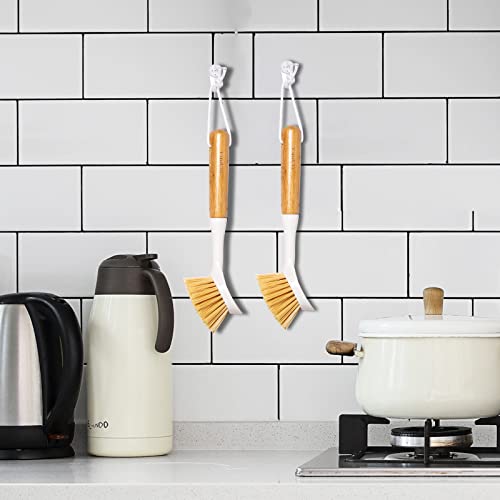 FunCee 2 Pack Kitchen Dish Brushes with Bamboo Handle, Dish Scrubber Built-in Scraper, Scrub Brush for Pans, Pots, Counter & Kitchen Sink Cleaning, Dishwashing and Cleaning Brush Tools, White - color: White