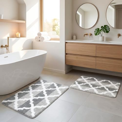 Arttown Dark and Light Grey Trellis Bathroom Rug Set 2 Piece Fluffy Microfiber Non-Slip Water Absorbent Bath Mat Soft Washable for Tub Showers Laundry Room Decor (16"x24"+20"x32") - color: Gradient Gray 1