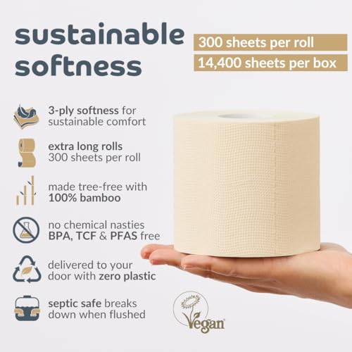 Bumboo Bamboo Toilet Roll 48 Pack | Unbleached Toilet Paper 3 ply, 300 Sheets | Eco Toilet Rolls Bulk Buy | Plastic-Free, Soft, Strong, Sustainable Loo Roll - size: 48 Count (Pack of 1)