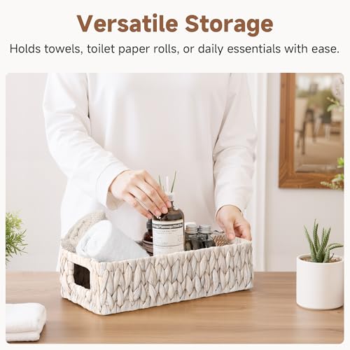 StorageWorks Wicker Toilet Paper Basket for Back of Toilet Baskets, Water Hyacinth Bathroom Basket Organizer and Storage for Tank Topper, Small Tank Trays for Decor with Built-in Handles, White - color: White (Water Hyacinth), size: 14¼" L x 6¾" W x 3¾" H