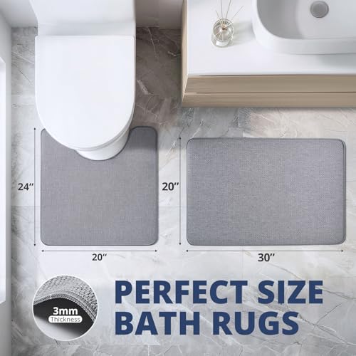 Bathroom Rugs Sets 2 Piece, Thin Bath Mat & U-Shaped Contour Toilet Rug Absorbent Quick Dry, Machine Washable, Non Slip Low Pile Bath Mats for Bathroom/Tub/Sink/Shower (30"x20" Plus 24"x20" U, Grey) - color: Grey, size: 30"x20"+U Shape 24"x20"-2pack