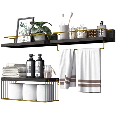 PopiShelves Bathroom Shelves Over Toilet for Wall, Floating Shelves with Storage Basket Paper Holer for Kitchen Living Room, Bedroom & Classroom, Set of 3 (Black and Gold) - color: Black and Gold, size: 15.7"
