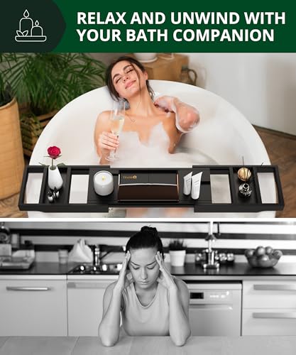 ROYAL CRAFT WOOD Premium Foldable Bathtub Tray Caddy - Wood Bath Tray for Tub, Bamboo Shelf, Expandable Bath Table Trays, Bathtub & Bathroom Accessories for New Home & Mothers, Birthday Gifts for Mom - color: Black
