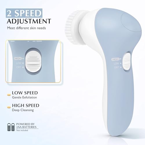 COSLUS Facial Cleansing Brush Silicone Face Scrubber: 7 in 1 FBS-D Electric Exfoliating Rotating Massage Device Waterproof Deep Cleaning Exfoliation Spa Machine - Electronic Skin Care Wash System - color: Light Blue, size: With 7 brush heads