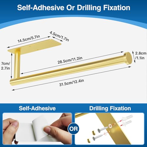 Paper Towel Holder - Self-Adhesive or Drilling, Gold, Wall Mounted, SUS304 Stainless Steel Kitchen Roll Dispenser Under Cabinet - color: Gold