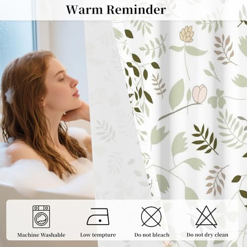 No Hook Botanical Shower Curtain with Snap in Liner, 71x74 Inch | Sage Green Leaf & Blush Floral Shower Curtains for Farmhouse Bathroom, Mesh Top Window Waterproof Fabric Bath Curtain, - color: Light Green Botanical