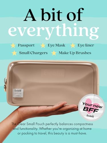 Embla Clear Cosmetic Bag Makeup Case, Clear Zipper Make Up Pouch and Toiletry Travel Tote, Cute Skincare Pouches for Women Girls, Preppy Purse Cosmetic Organizer, Small Makeup Bags, Sand | Small Tan Clear Nylon/PVC Cosmetic Bag with Zipper, Waterproof Bea