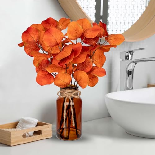 Briful Artificial Eucalyptus Stems in Amber Glass Vase with Faux Water, 14" Fake Fall Plant Autumn Eucalyptus Leaves for Home Farmhouse Wedding Centerpiece Bathroom Décor - color: Orangered