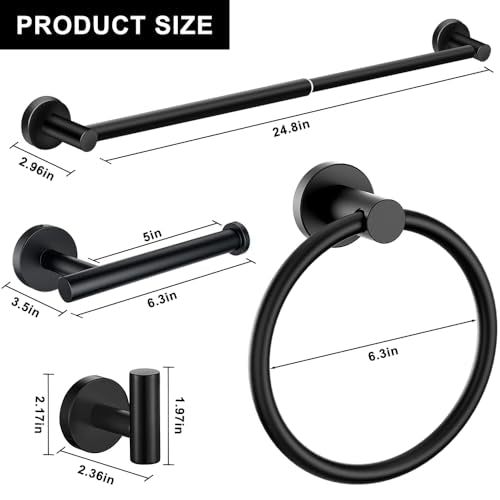 MGahyi 5-Piece Bathroom Accessories Set, Rustproof Stainless Steel Wall Mounted, Extendable Towel Bar 12.8-24.8 Inch, Toilet Paper Holder, Towel Ring & Robe Hooks, Heavy Duty Bath Storage (Black)