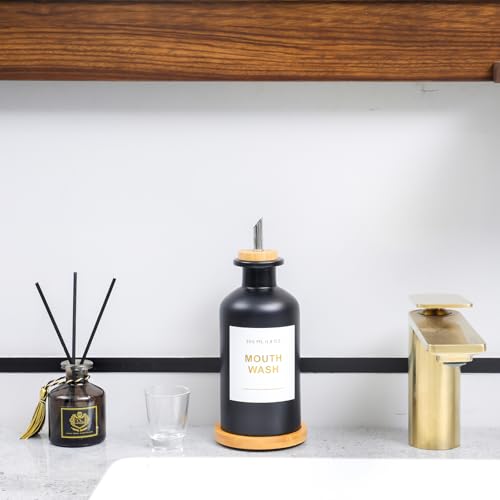 11.8OZ Glass Mouthwash Dispenser for Bathroom with Stainless Steel & Bamboo Nozzle, Mouthwash Cup Reusable, Bamboo Tray, and Elegant Gold Sticker.(Black) - color: Black/350*1
