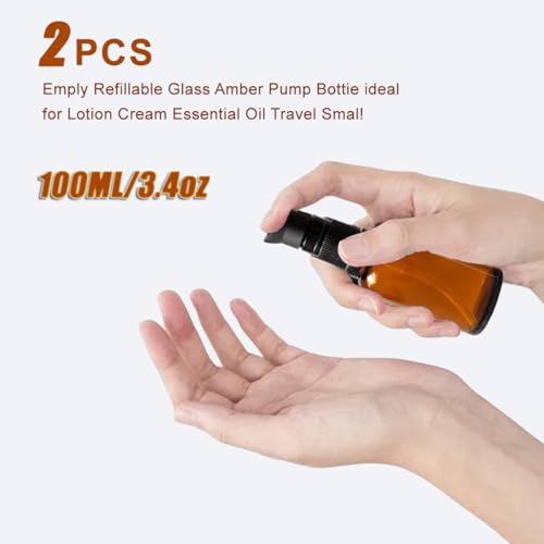 2PCS Upscale Amber Glass Refillable Pump Press Lotion Bottles Container Jars Pot For Makeup Foundations Cosmetic Skin Care Cream Emulsion Essential Oils(100ml / 3.4oz)