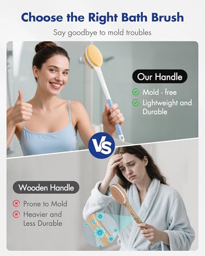 Back Scrubber Body Shower Brush: 20.5‘’ Extra Long Anti Slip Handle Bath Brush with Stiff and Soft Bristles - Showering Exfoliator Wet or Dry Brushing for Women, Men, Elderly (Blue) - size: Long Handle 20.5 in-Blue