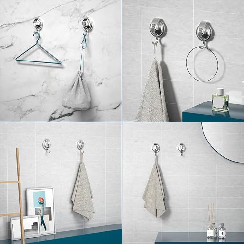 Heavy Duty Vacuum Suction Cup Hooks, Silver Plated Polished Super Suction for Kitchen Bathroom, 6 Pack - color: Silver