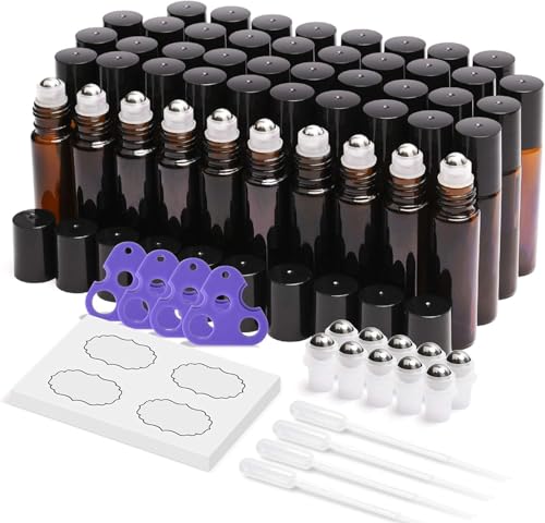 ULG 48-Pack Essential Oil Roller Bottles 10ml, Empty Bottles with Stainless Steel Roller Balls and Waterproof Labels, Amber Roller Balls For Essential Oils - color: Amber, size: 48-Pack
