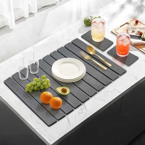 3 Pcs Large Stone Drying Mats for Kitchen Counter Diatomaceous Earth Dish Fast Dry Stone Sink Mat Dish Drying Matt Pad Water Absorbing Bathroom Trays Kitchen Countertop Diatomite Dish Draining Mat - color: Dark Gray