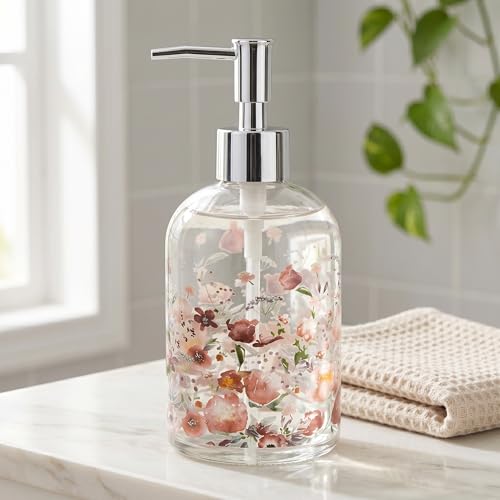 Topadorn 17oz Watercolor Floral Glass Soap Dispenser, Refillable Liquid Pump Bottle, Pink Flower Print for Bathroom Kitchen - color: Pink Flower