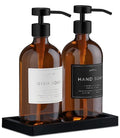 Glass Soap Dispenser Set of 2 (Amber) with Silicone Tray | Hand and Dish Soap Dispenser for Kitchen and Bathroom | 16.8 Oz Glass Bottles with Stainless Steel Pump & 15 Waterproof Labels (Amber/Black) - color: Amber/Black