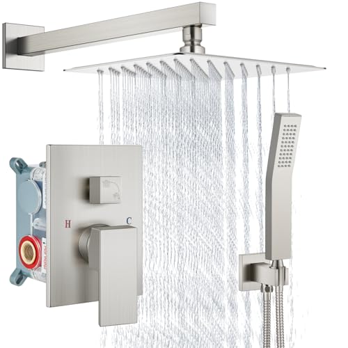 Aolemi Shower Faucet Set Rain Shower System with Handheld Spray Bathroom Shower Combo Rough-in Valve and Shower Trim Kit Included Brushed Nickel 8 Inch Wall Mount Shower Head - color: Brushed Nickel, size: 8 Inch Wall Mount Shower Head