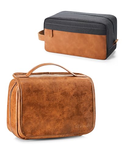 Elviros Hanging Travel Toiletry Bag Gift for Men，Mens Toiletries Bag Gifts Set Shaving Dopp Kit Water-resistant Bathroom Toiletries Organizer PU Leather Cosmetic Bags 2 Pack - color: Brown, size: 2 Piece