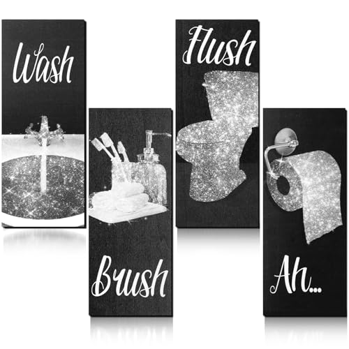 Chinco 4 Pcs Women Funny Wall Art Bathroom Decor 9.84 x 3.94 x 0.2 Inch Glam Bathroom Wall Decor Modern Women Funny Bath Wood Hanging Decoration for Home (Black, White) - color: Black, White