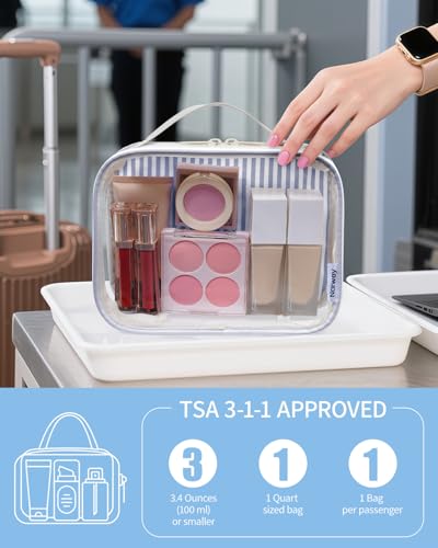 Narwey TSA Approved Clear Toiletry Bag for Travel, Waterproof PVC Clear Makeup Bags, Portable Compact Cosmetic Bag Make Up Organizer, Airport Airline Quart Size Compliant Bag (Greyish Blue Stripe) - color: Y-Greyish Blue Stripe