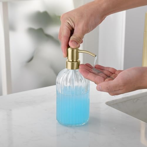 Gold Refillable Glass Kitchen Soap Dispenser,16oz Bathroom Soap Dispenser with Vertical Strip,Golden 304 Stainless Steel Pump Head, Clear Thick Glass,for Modern Home Decor, Countertop, Hotel - color: Brushed Gold + Clear, size: 1-Pack